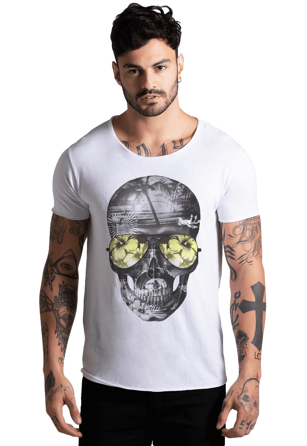 Camiseta Joss Corte a Fio Beach Skull Cor:Branco;Tamanho:G;Genero:Masculino