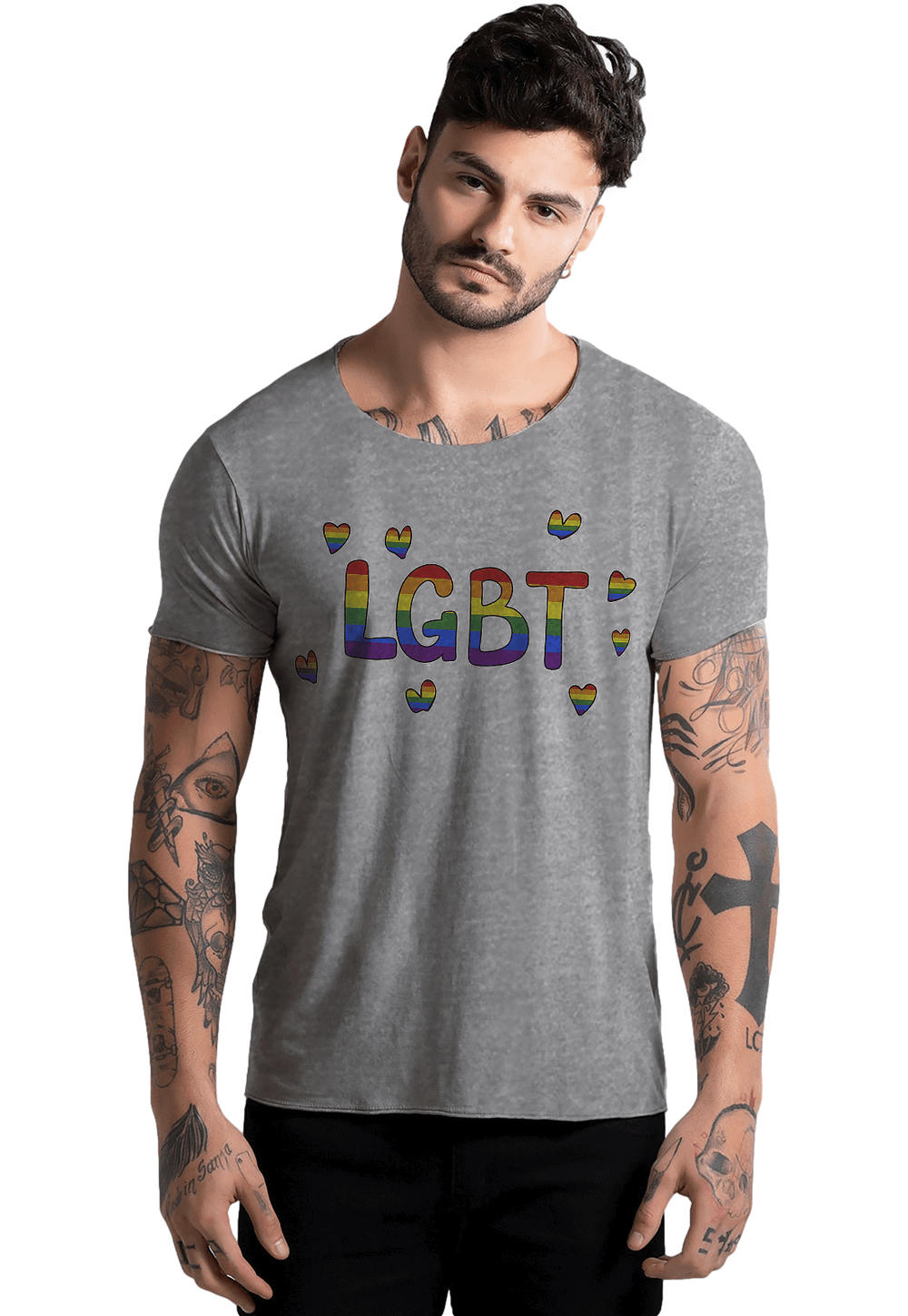 Camiseta Joss Corte a Fio LGBT Amor DTG Cor:Cinza;Tamanho:P;Genero:Masculino