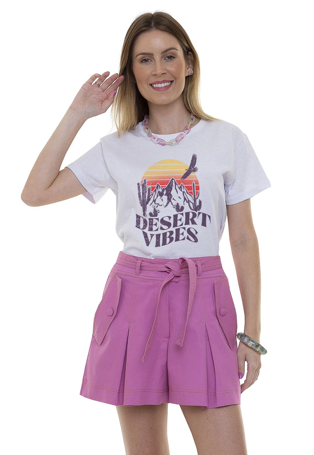 Camiseta Joss Basica Desert Vibes DTG Cor:Branco;Tamanho:P;Genero:Feminino